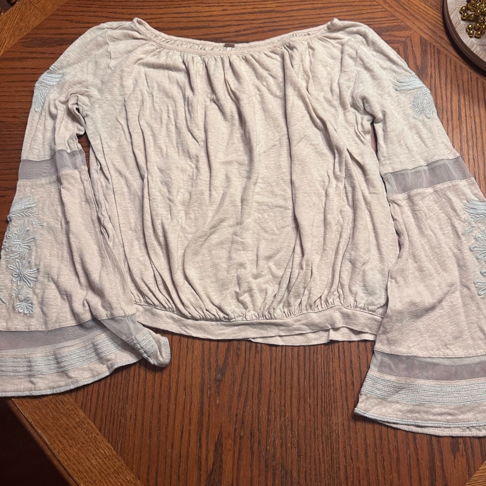 Free People Cream and Blue Smocked Blouse with Flowy Sleeves